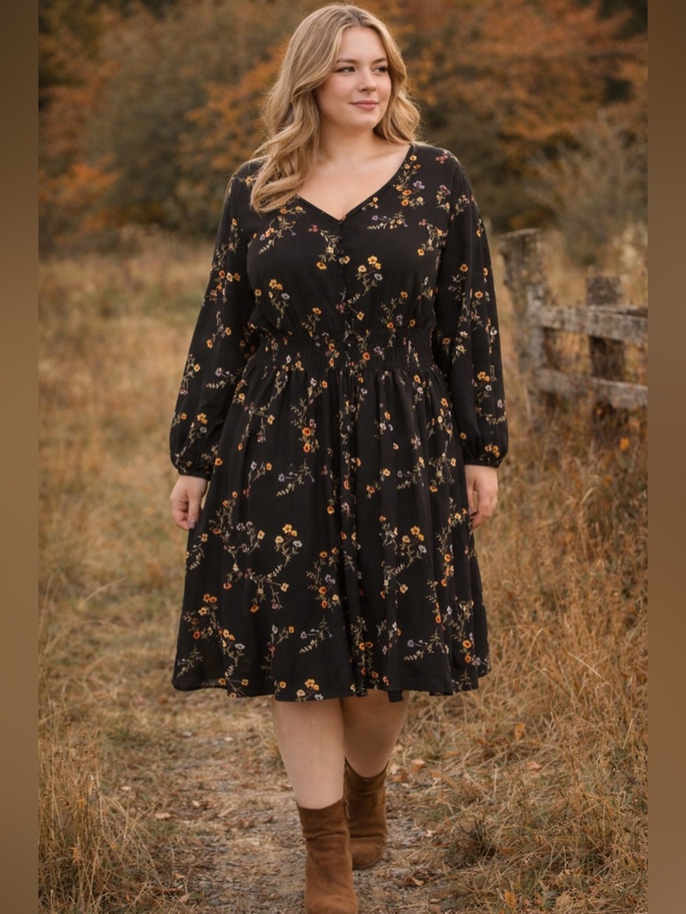 Always Indigo Floral Boho Dress 2X Black Smocked Waist Button Front Fall Midi - Picture 1 of 9